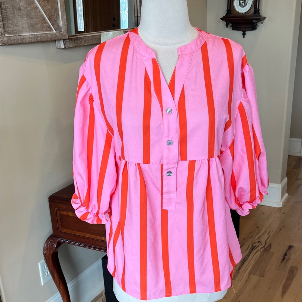 Colorful Fun Pink Orange Stripe Blouse New Poplin